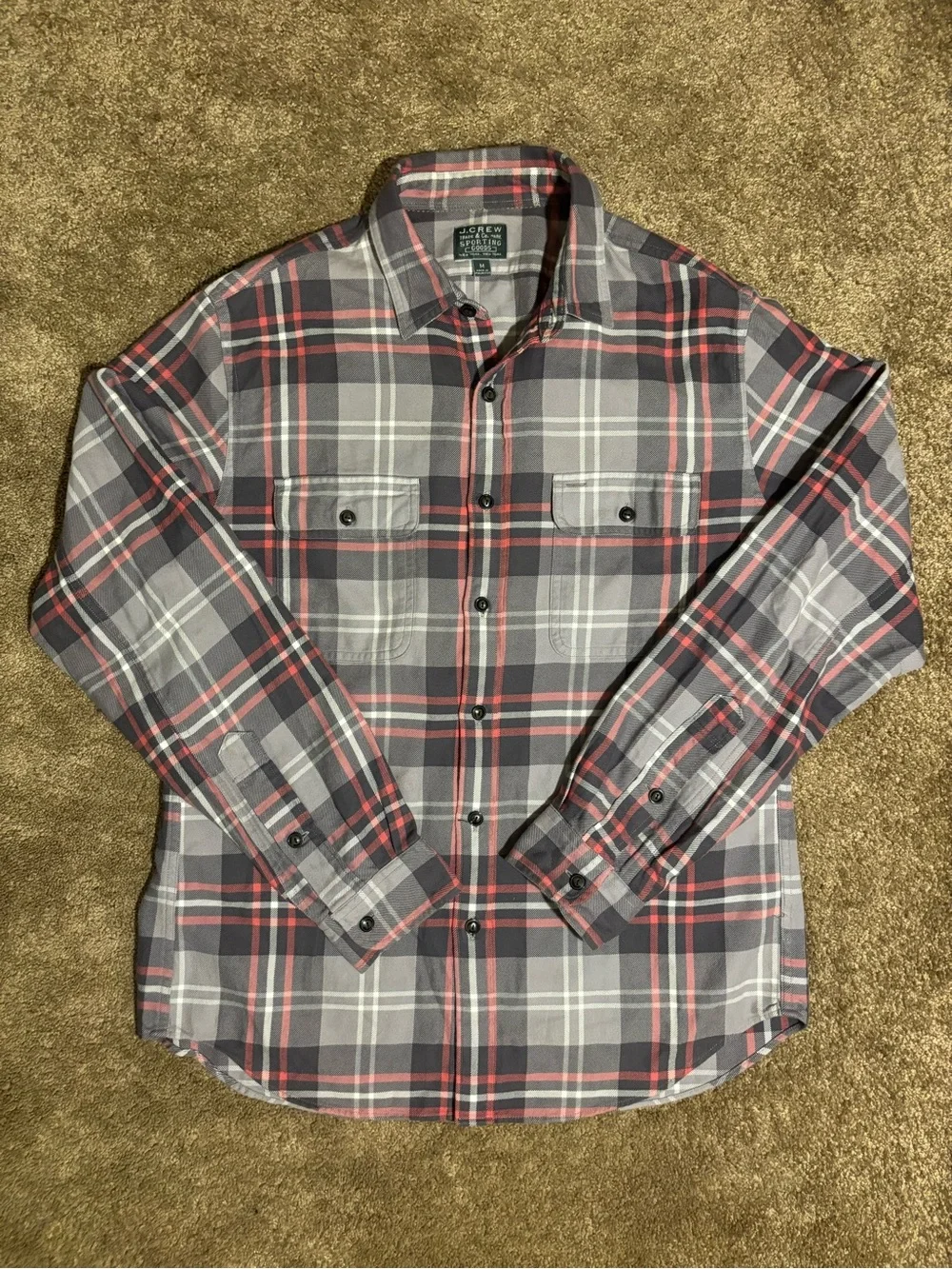 J.Crew Sporting Goods Plaid Flannel Shirt Mens M Gray Red 90s Style Button Up